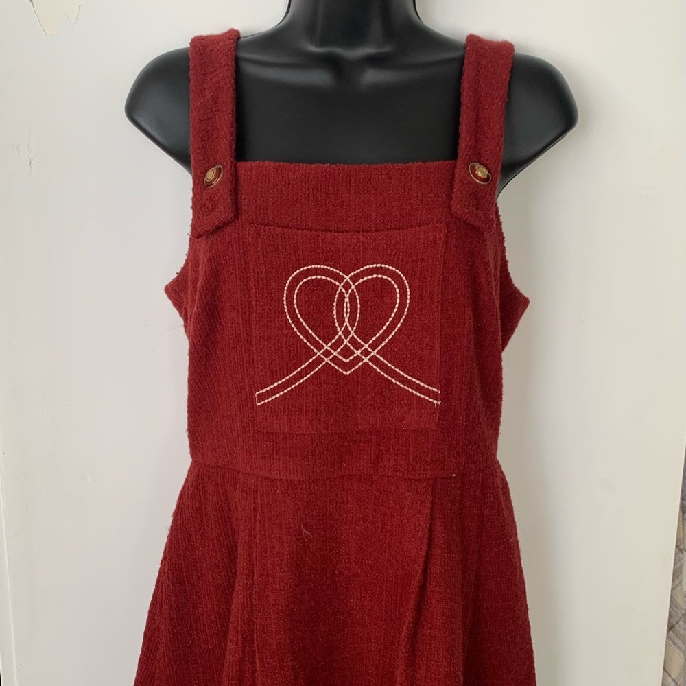 Elegant Red Corduroy Dress with Heart Embroidery